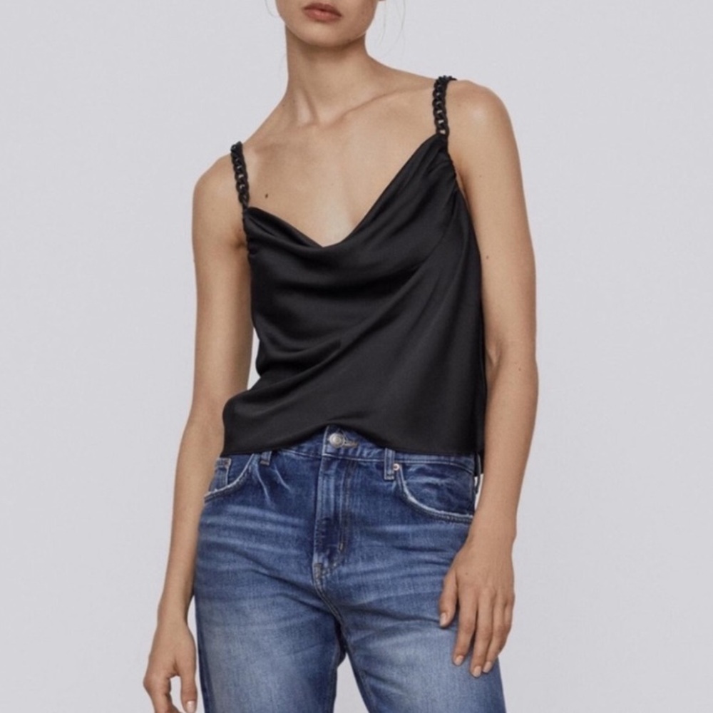 zara satin top with chain straps
